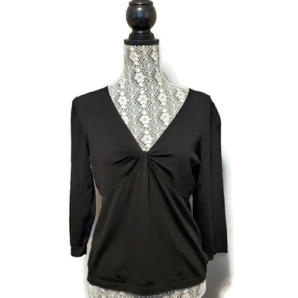 Studio M Black Gathered V-neck, 3/4 Sleeve Blouse